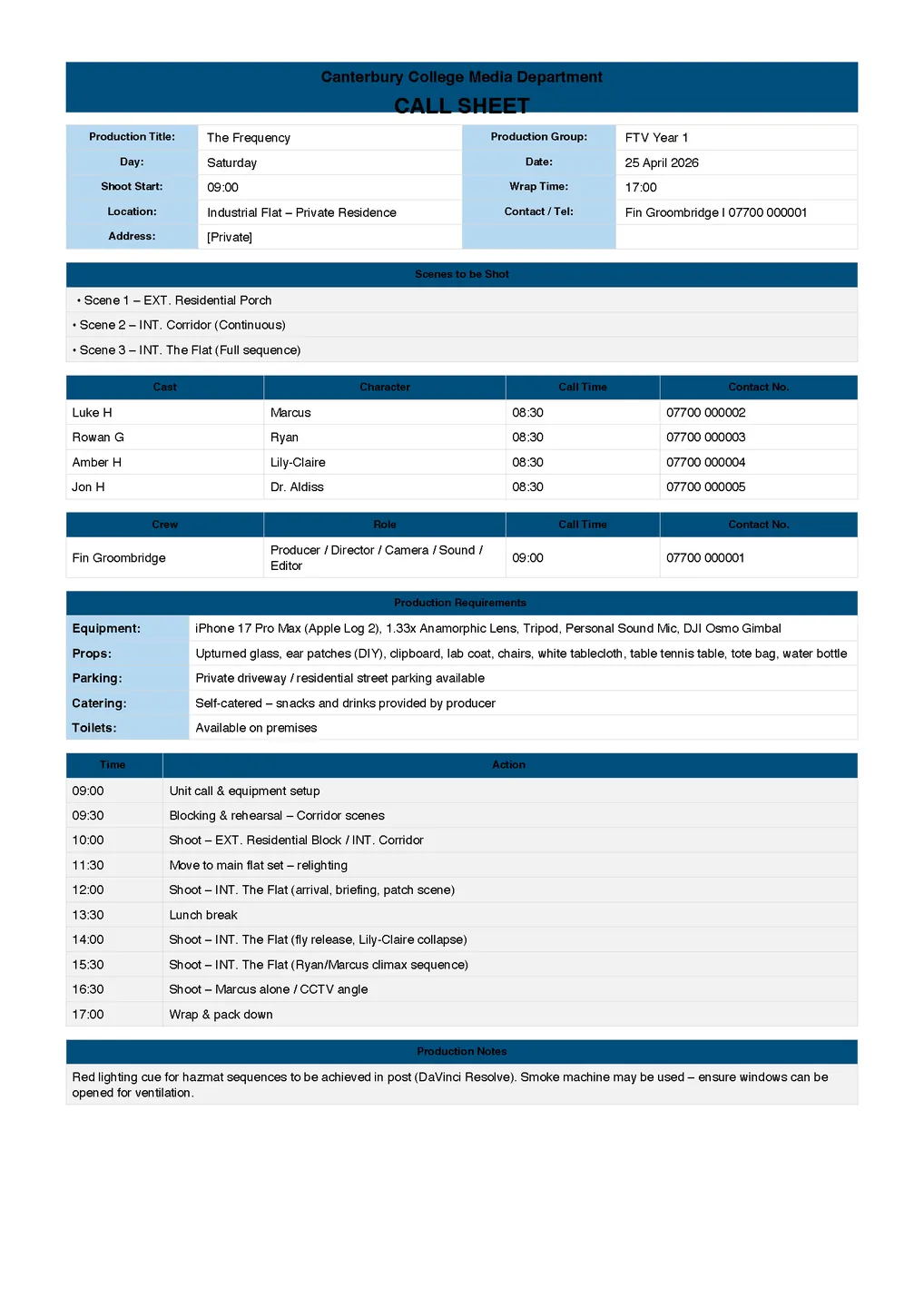 Call sheet