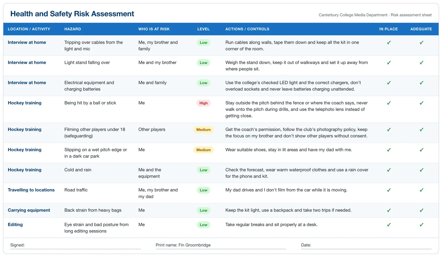Health and safety risk assessment
