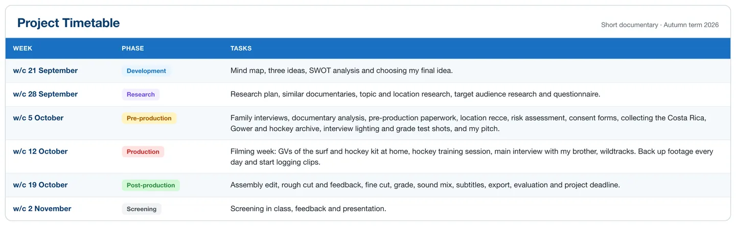 Project timetable