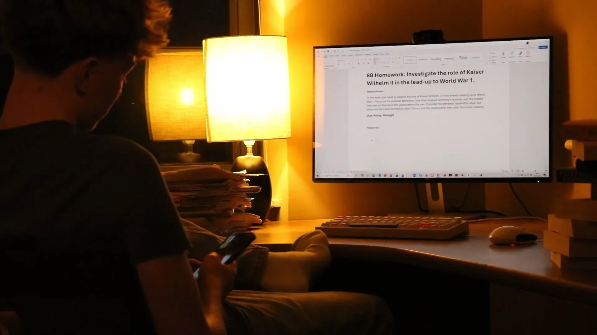 The boy at his desk lit by a lamp, on his phone