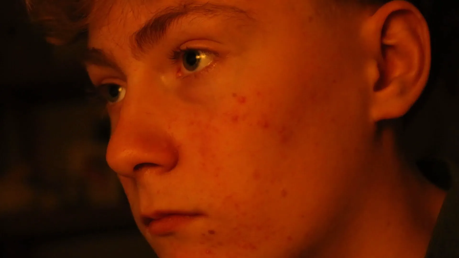 Close-up of the boy's face in warm light